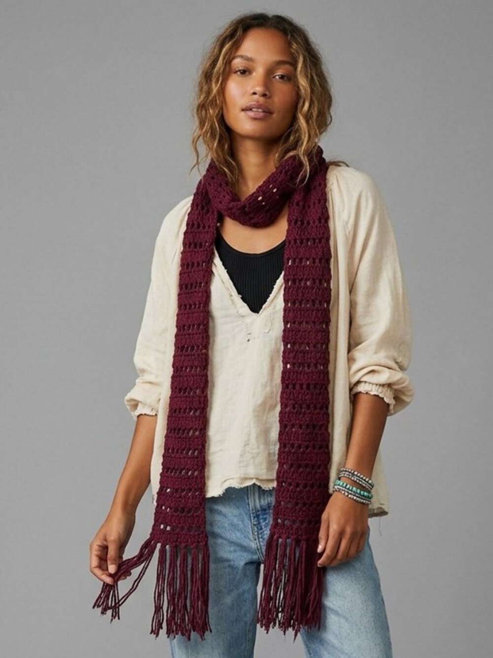 Abercrombie & Fitch A&F Burgundy Open Knit Crochet Long Scarf Fringe Y2k